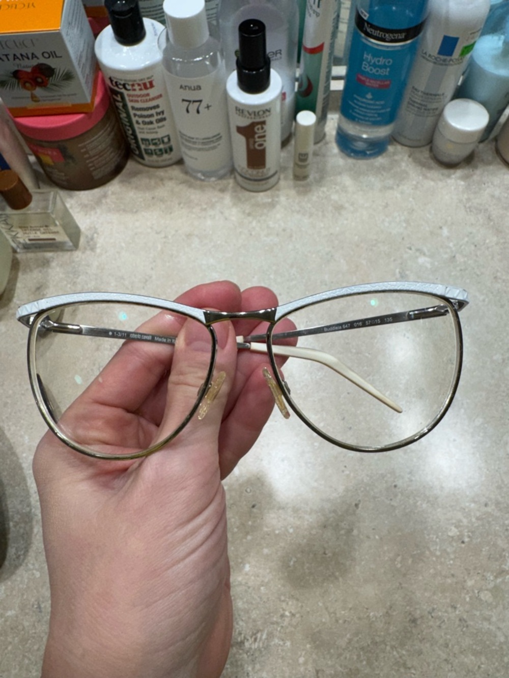 Roberto Cavalli Cat Eye Metal Frame Glasses in Silver & Cream